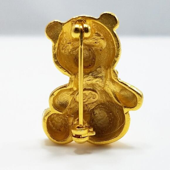 Gold Tone Teddy Bear Brooch Rhinestones Red Bow Vintage Figural Pin - Picture 4 of 10